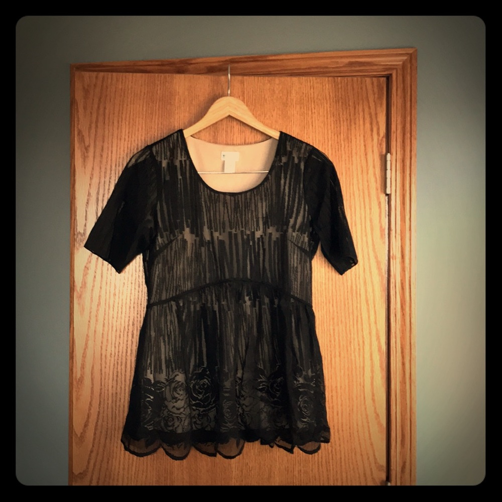 Motherhood Maternity black lace blouse w/ nude